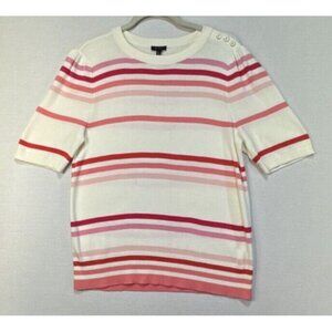Talbots Womens Knit Sweater Large Cream Pink Striped Short Sleeve Preppy